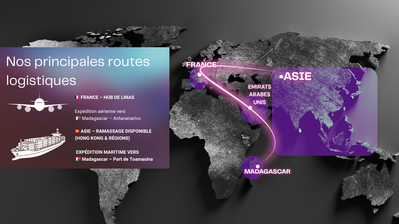 Carte des routes logistiques Damath Overseas